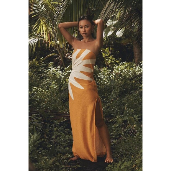 Anthropologie Celandine Strapless Cutout Linen-Blend Dress Sun Print L/XL 282022 - Picture 1 of 7